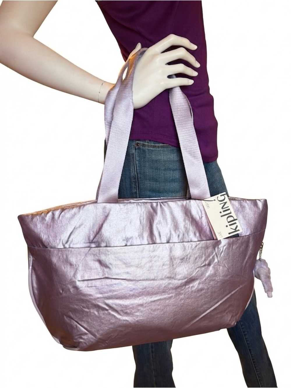 Kipling Cristina Lilac Moon Purple Metallic Tote Shoulder Travel Bag - Picture 5 of 9